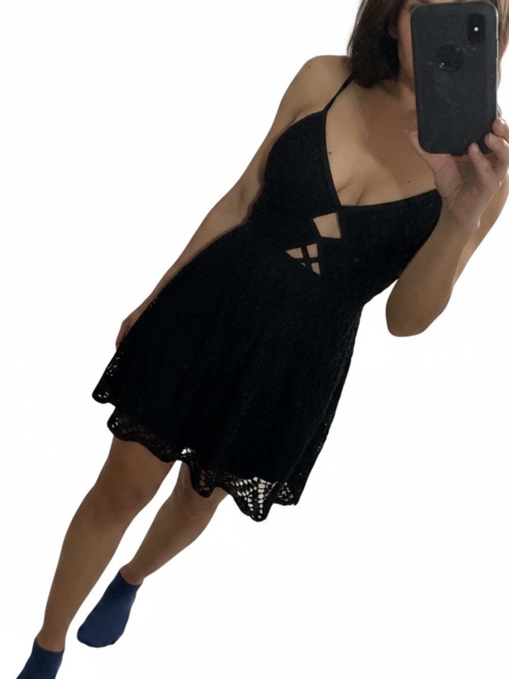 Free People Collectors -Black Lace Cutout Mini Dress Rare piece “Debbie”